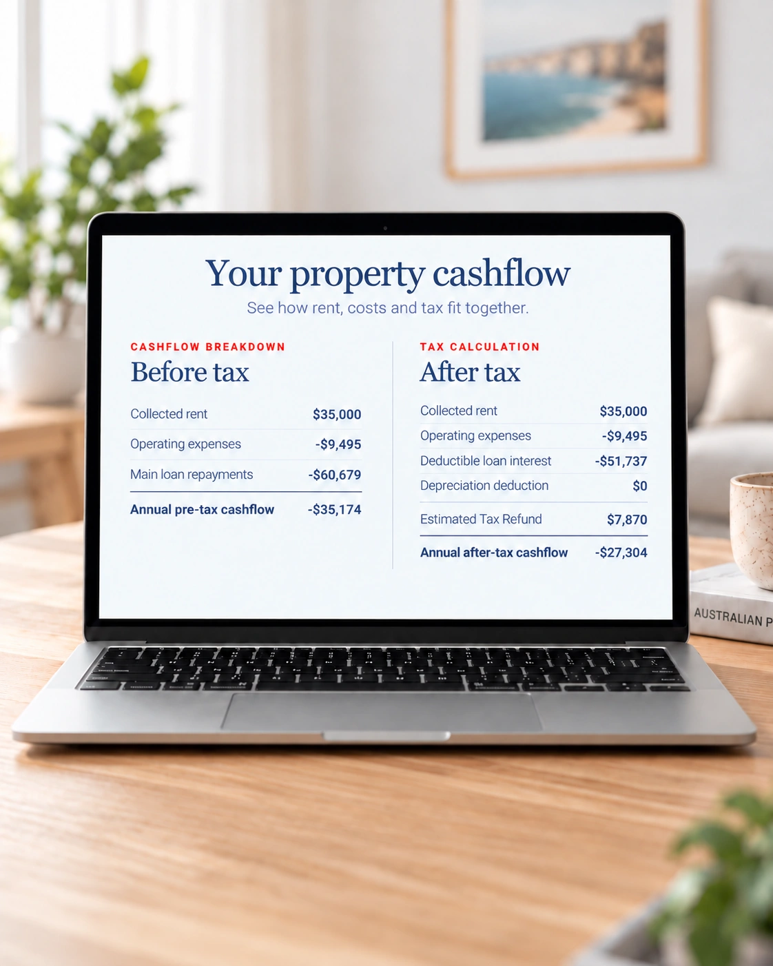 Laptop showing a property cashflow breakdown